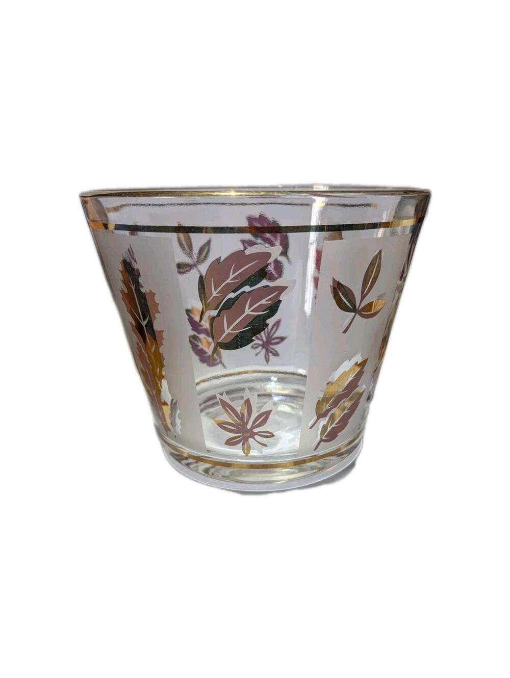 Vintage LIBBEY Glass Ice Bucket MCM Gold Leaf Frosted Barware Excellent Cond.